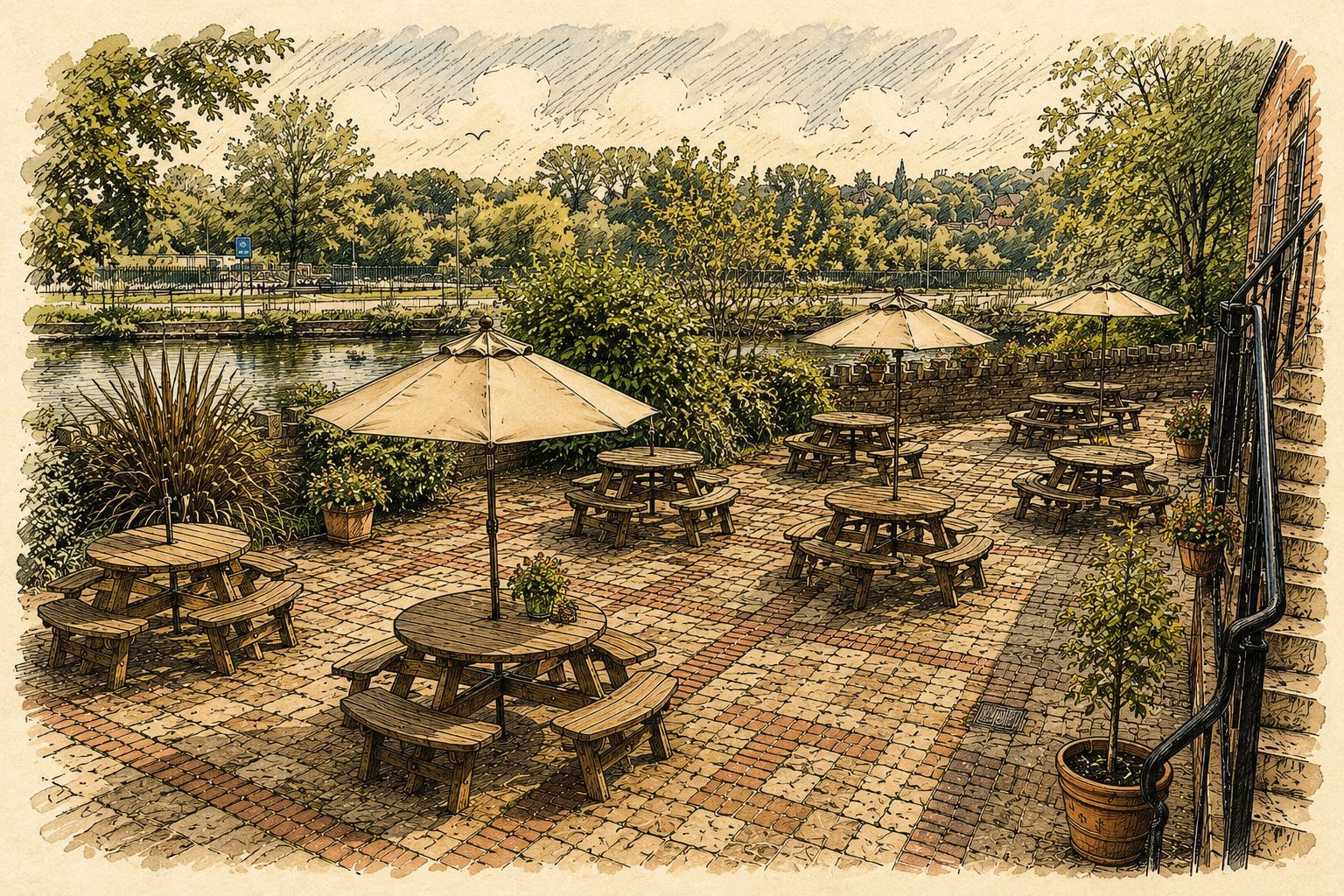 The canal-side beer garden at The Wharf Tavern