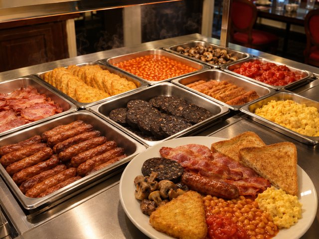 The weekend breakfast buffet counter at The Wharf Tavern - trays of bacon, sausages, black pudding, hash browns, beans, mushrooms, tomatoes and scrambled egg, with a full plate made up alongside