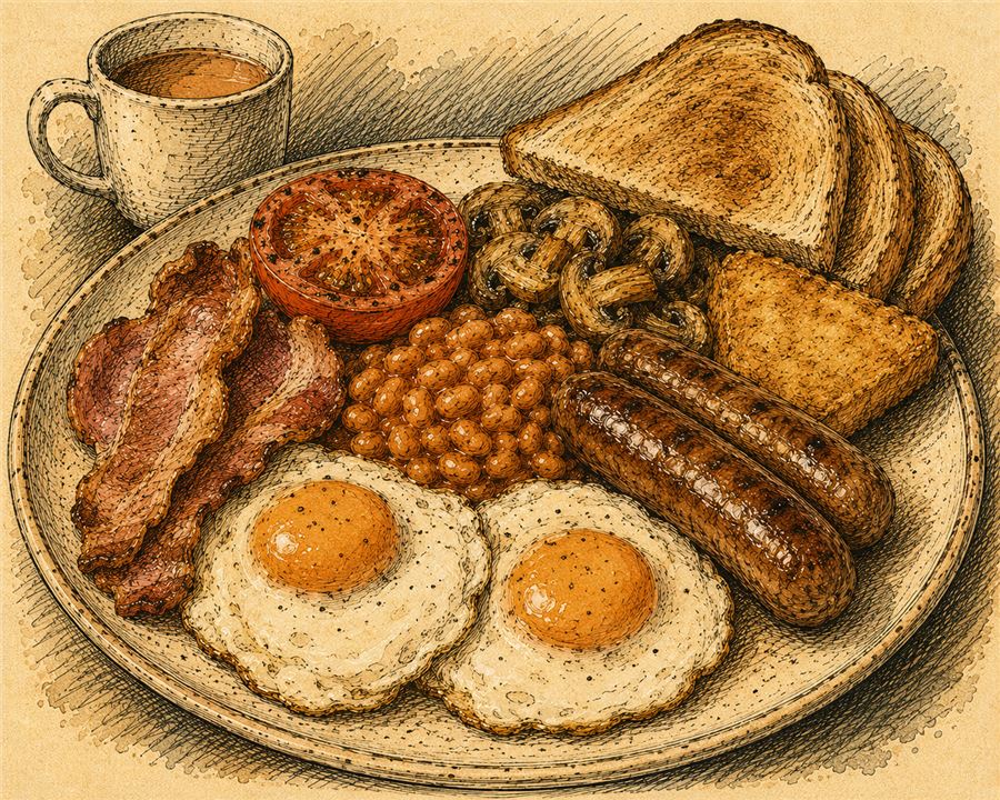 Illustrated full English breakfast at the cabin