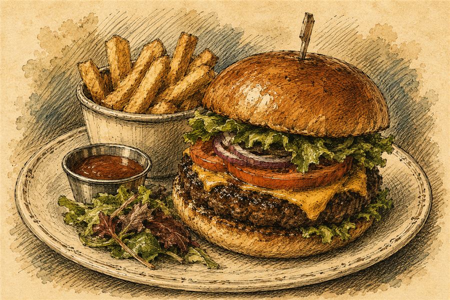 Illustrated cheeseburger with fries