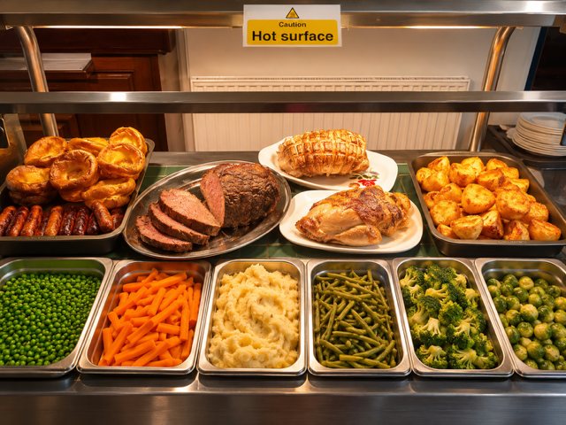 Nicky's Sunday carvery counter at The Wharf Tavern - roast beef, turkey and chicken with Yorkshire puddings, roast potatoes, mash and seasonal vegetables