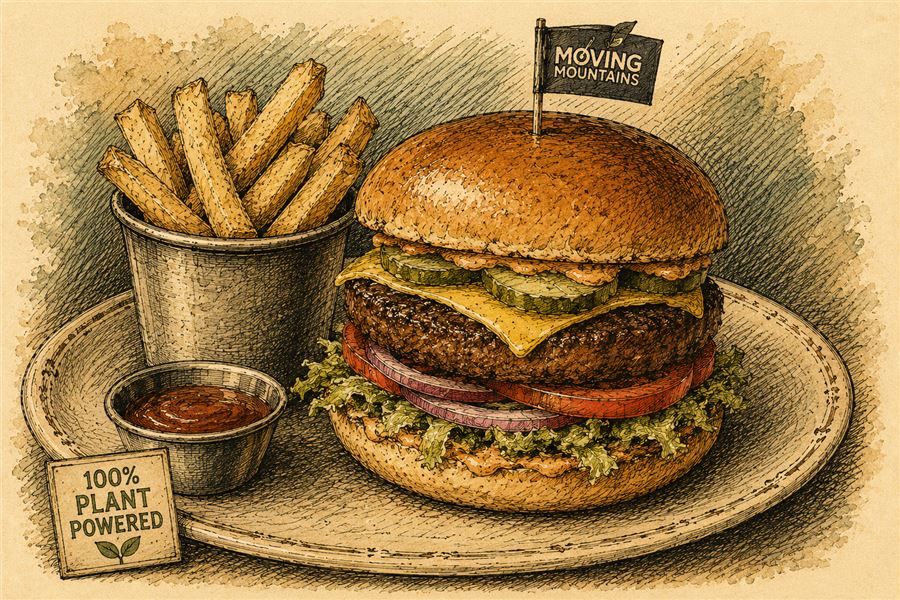 Illustrated plant-based burger with fries