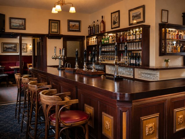 The bar inside The Wharf Tavern - a long polished mahogany bar with brass hand pulls, bar stools and framed pictures on the walls